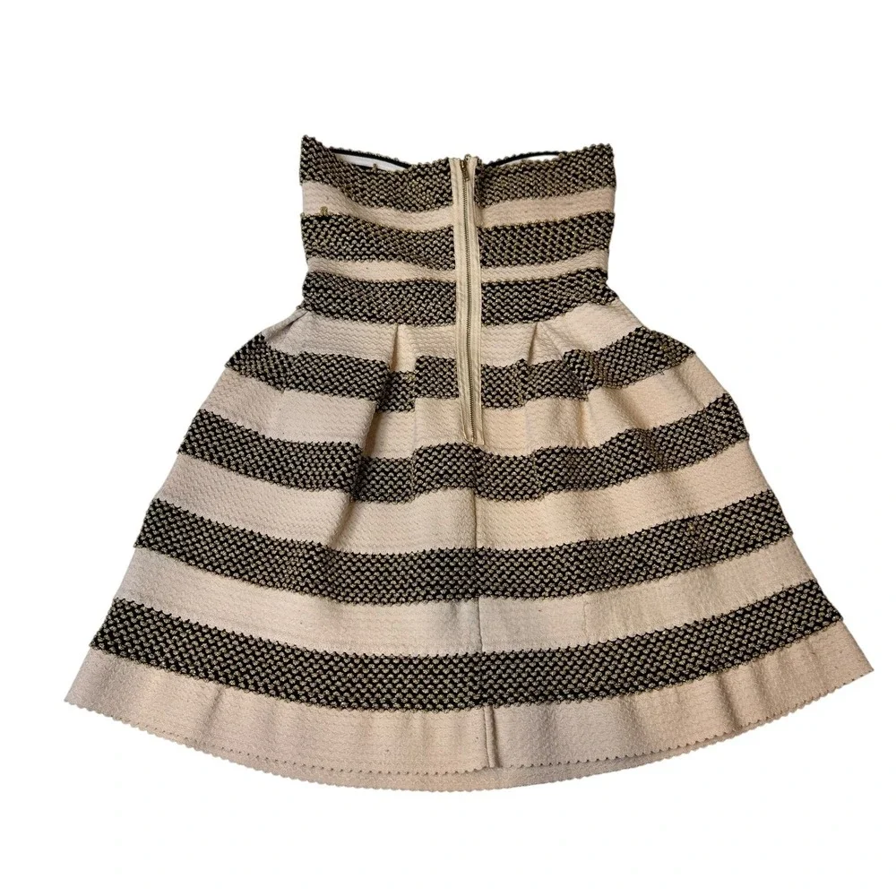 Lore Black Gold Cream Striped Strapless Pleated Fit and Flare Dress Size M Lo're